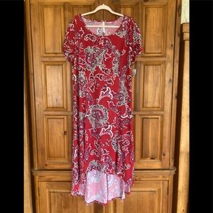 Women’s long red and cream dress